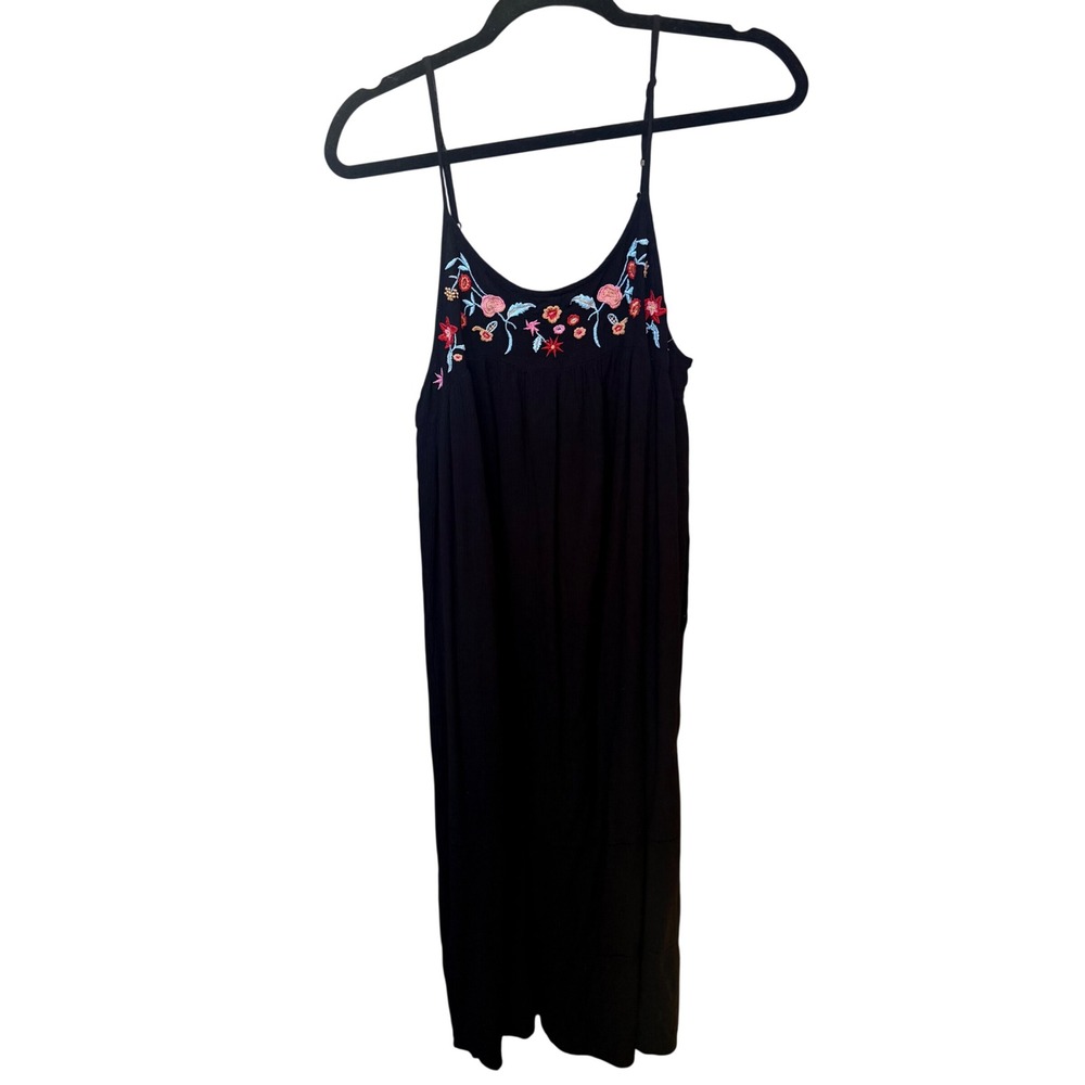 Free Market Black Embroidered Floral‎ Midi Dress Boho tiered shabby dainty beach